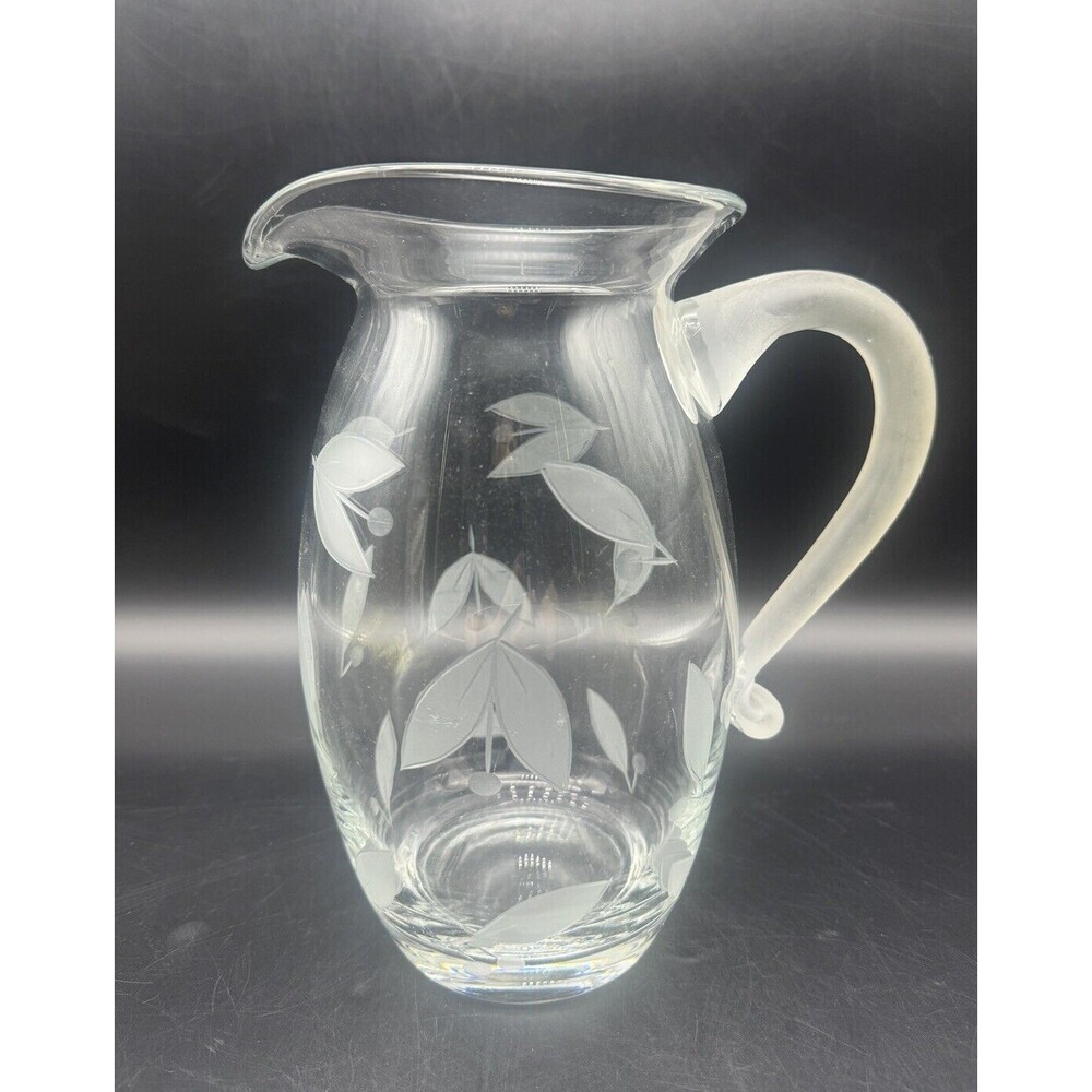 VTG Clear Glass Pitcher W/ Frosted‎ Flowers & Frosted Applied Handle 9” EUC